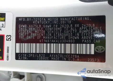 2020 Toyota Camry Xse from USA, damaged, VIN 4T1K61AK4LU304860